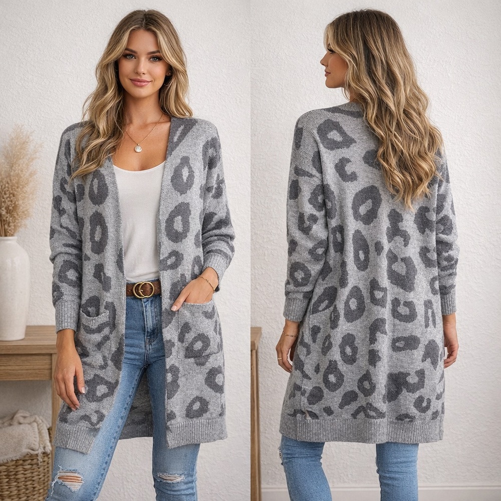 Gray Leopard Print Cardigan | Size XL